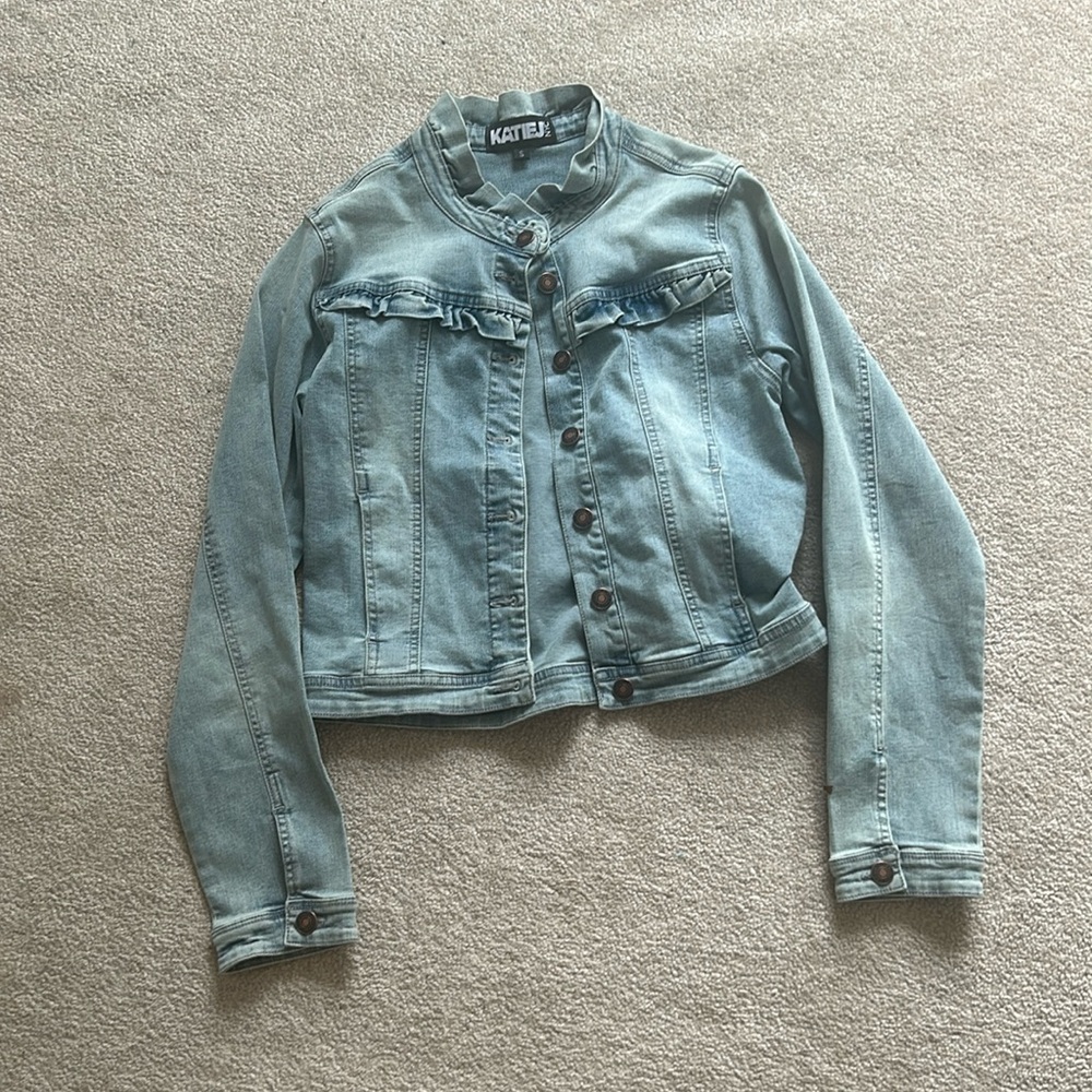 womens one of a kind jean jacket with ruffles